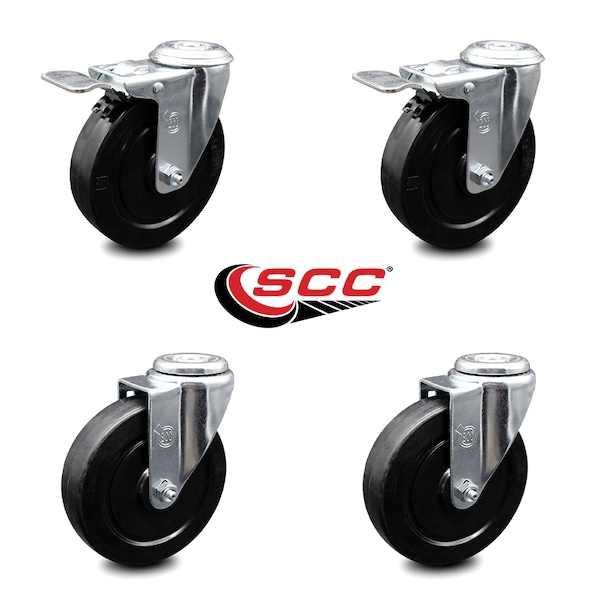5 Inch Soft Rubber Swivel Bolt Hole Caster Set with 2 Total Lock Brake SCC